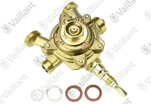 Vaillant Wasserschalter in Goldfarbe mit mehreren Anschlüssen. Enthalten sind Dichtungen in rot und transparent. Das Produkt ist für den Einsatz in Heizungsanlagen konzipiert.